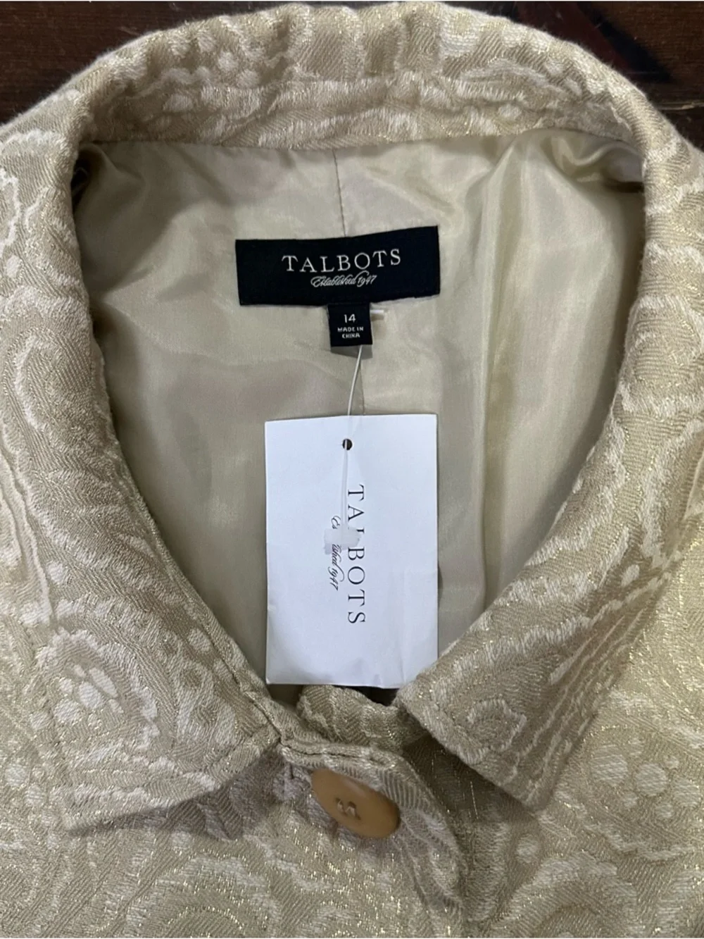 Talbots Women’s Gold Brocade Paisley Swing Crop Jacket Blazer Size 14 BNWOT! - Picture 9 of 11